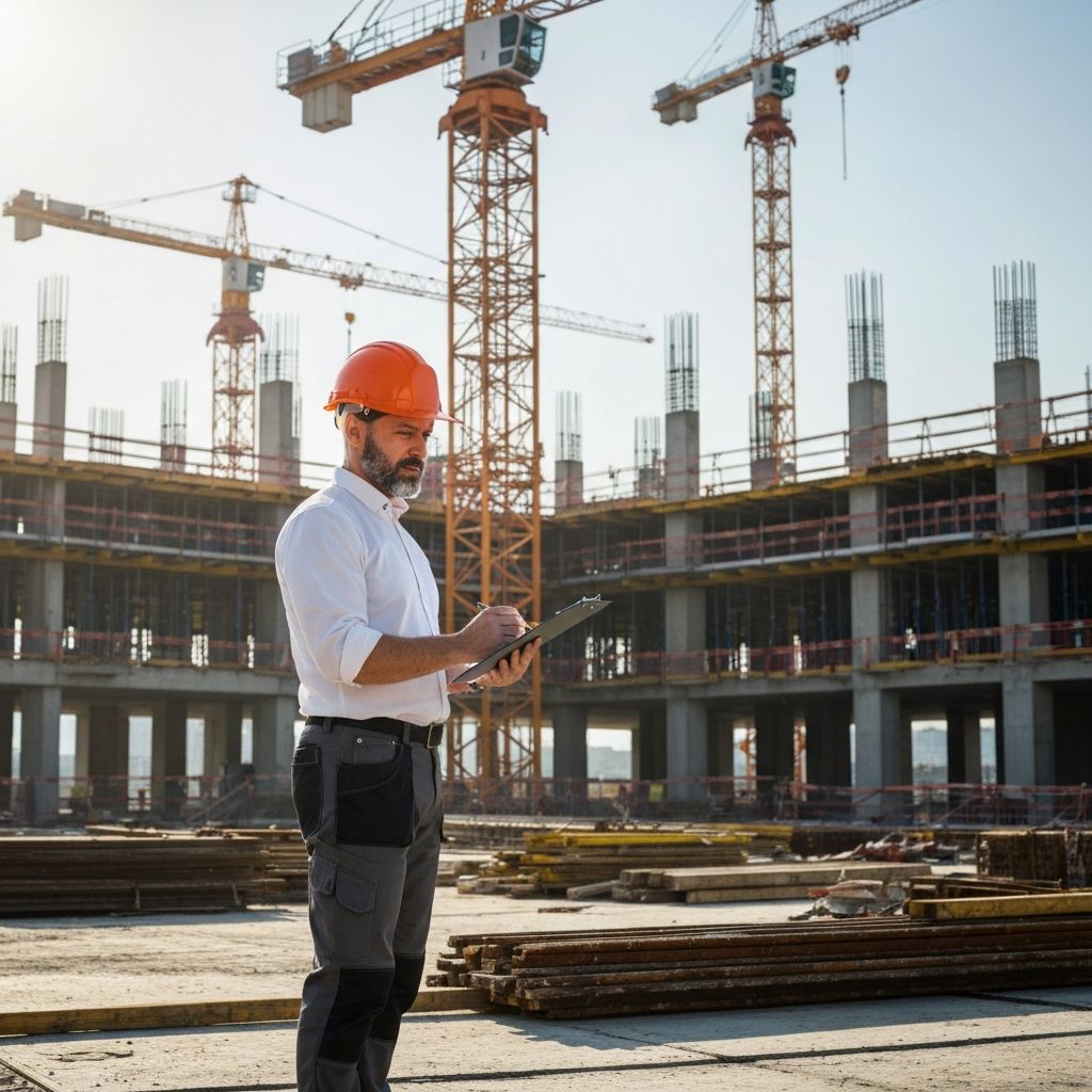 Construction professional with clipboard reviewing work