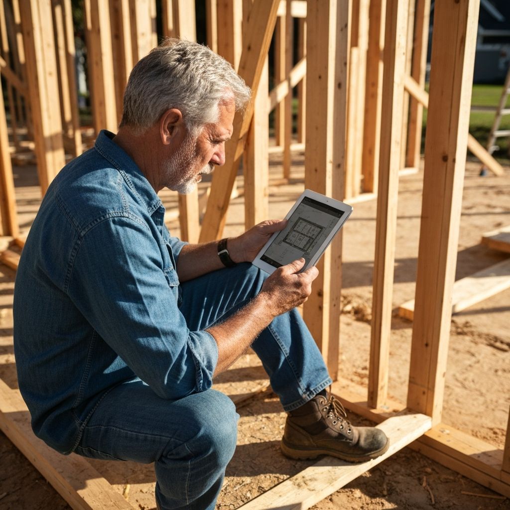 Construction professional with iPad reviewing plans at residential site
